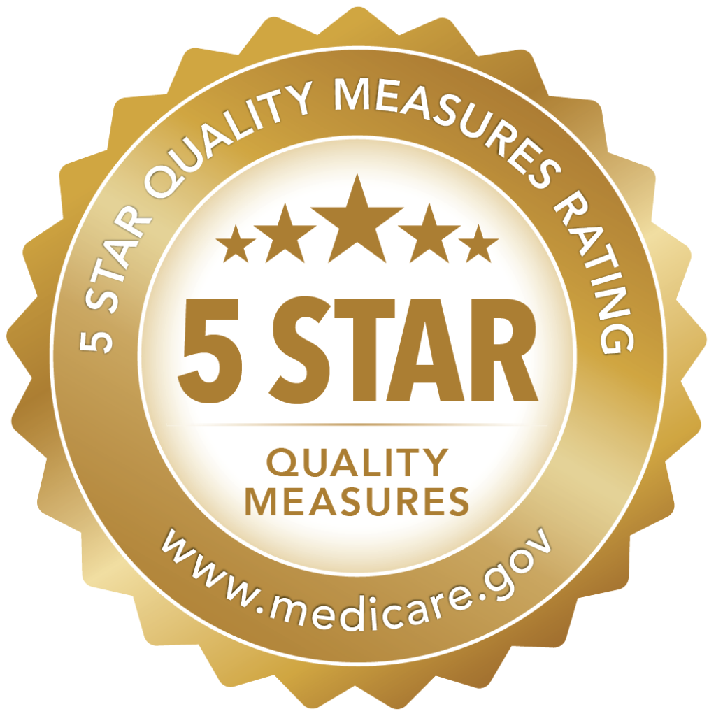 gold badge depicting words 5 star Quality Measures rating for Medicare CMS ratings