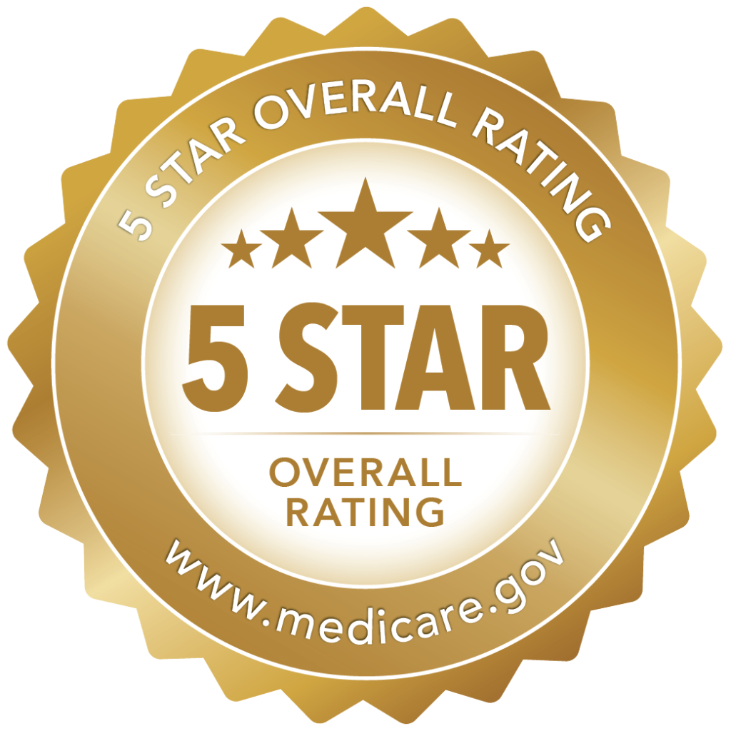gold badge depicting words 5 star overall rating for Medicare CMS ratings
