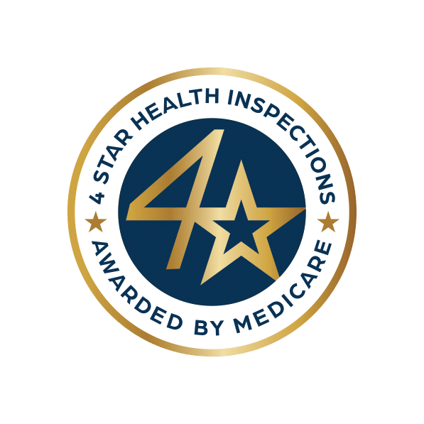 4 Star Health Inspection Awarded by Medicare award with navy background and gold outline